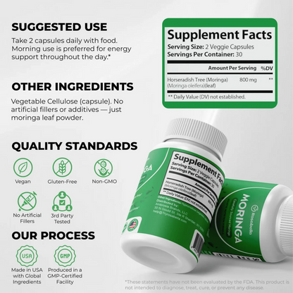 Rosabella Moringa Capsules – 800mg Pure Moringa Powder Supplement – 60 Capsules for Natural Energy, Immune System, Skin & Gut Health Support, Green Antioxidant Superfood, Essential Vitamins & Amino Acids