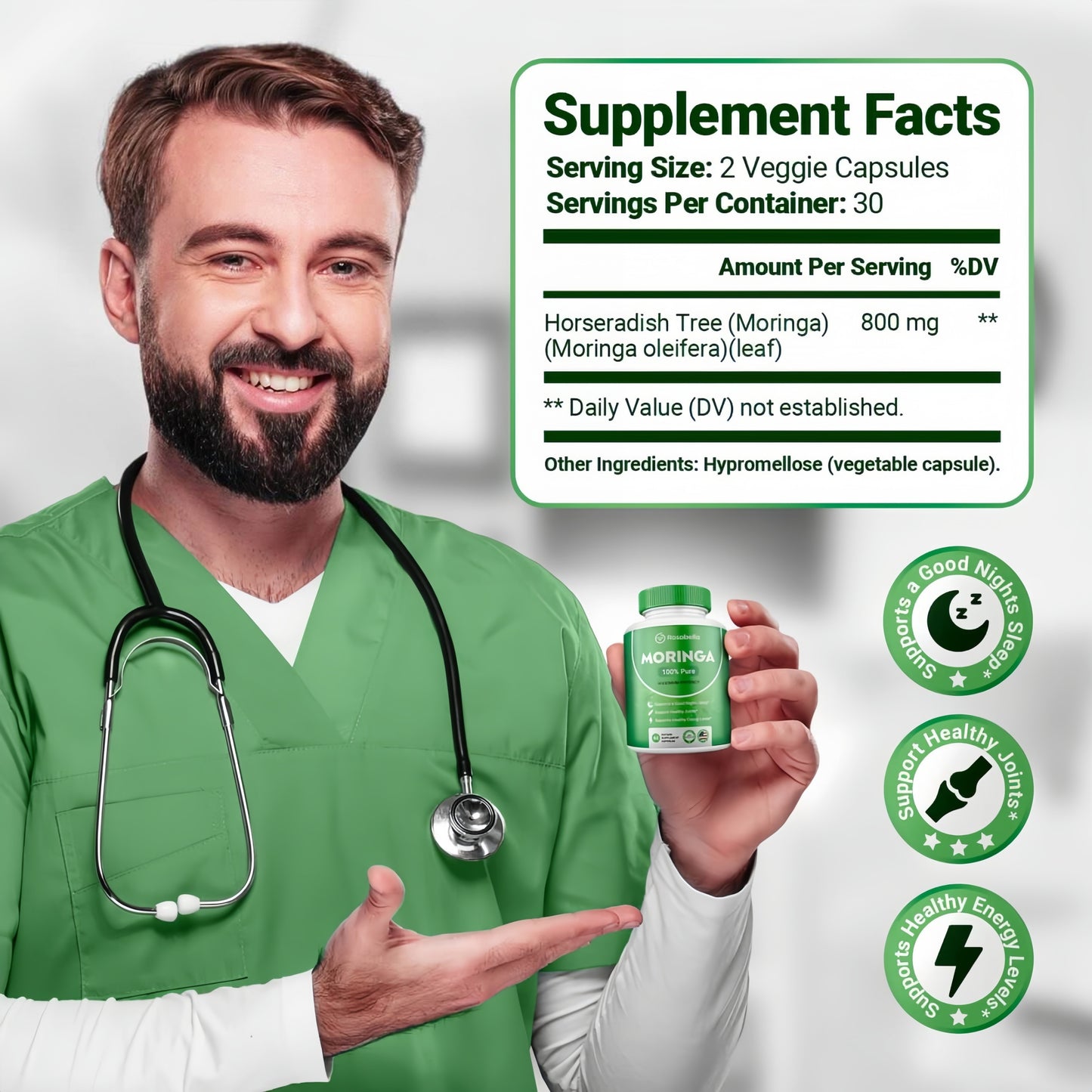 Rosabella Moringa Capsules – 800mg Pure Moringa Powder Supplement – 60 Capsules for Natural Energy, Immune System, Skin & Gut Health Support, Green Antioxidant Superfood, Essential Vitamins & Amino Acids