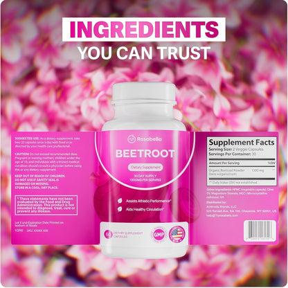 Rosabella Organic Beet Root Capsules - 1300mg Beet Root Powder Aids Healthy Circulation & Vitality, Non-GMO, Beet Root Supplement - 60 Capsules, 30-Day Supply