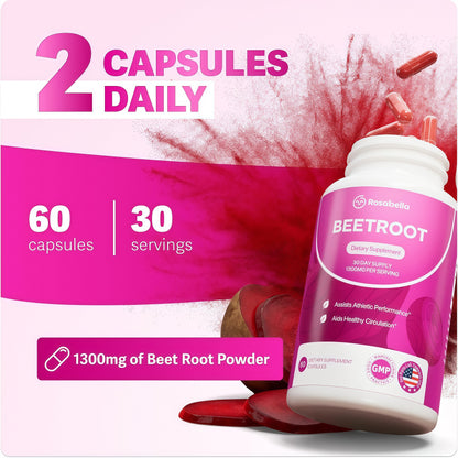Rosabella Organic Beet Root Capsules - 1300mg Beet Root Powder Aids Healthy Circulation & Vitality, Non-GMO, Beet Root Supplement - 60 Capsules, 30-Day Supply
